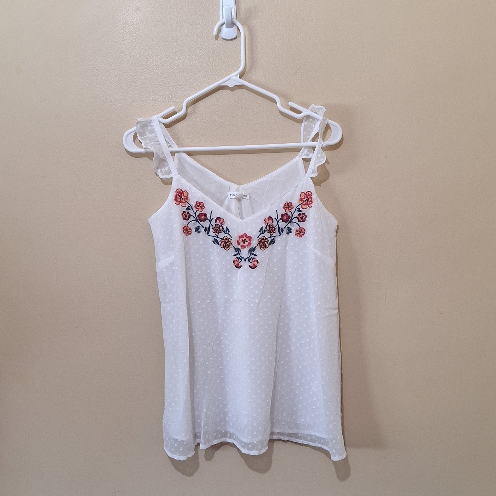Warehouse One White Floral Embroidered Tank Top